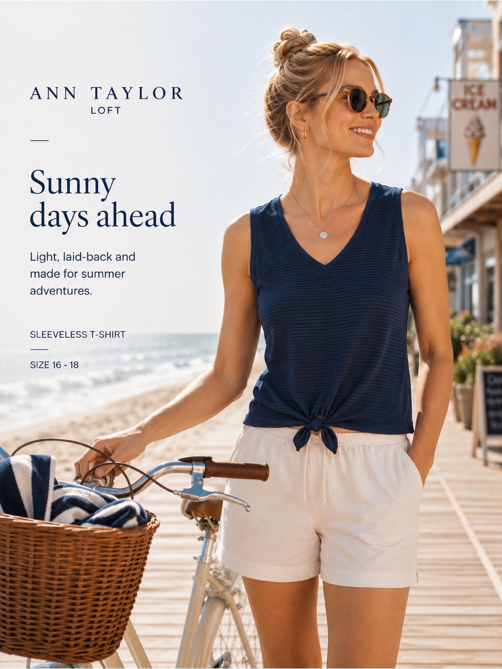 Ann Taylor navy sleeveless V-neck tie-front tank